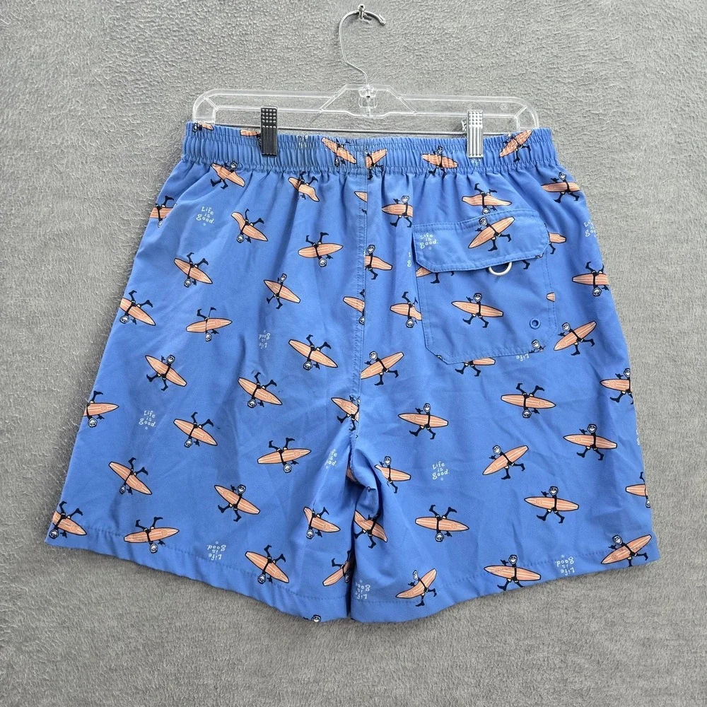 Life Is Good Men Swimwear M Blue Orange Swim Trunks Graphic Print Drawstring‎